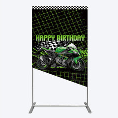 Aperturee Aperturee Motorcycle Happy Birthday Rectangle Backdrop Green Racing Superbike and Checkered Flag Boys Biker Themed Party Decor
