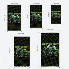 Aperturee Aperturee Motorcycle Happy Birthday Rectangle Backdrop Green Racing Superbike and Checkered Flag Boys Biker Themed Party Decor