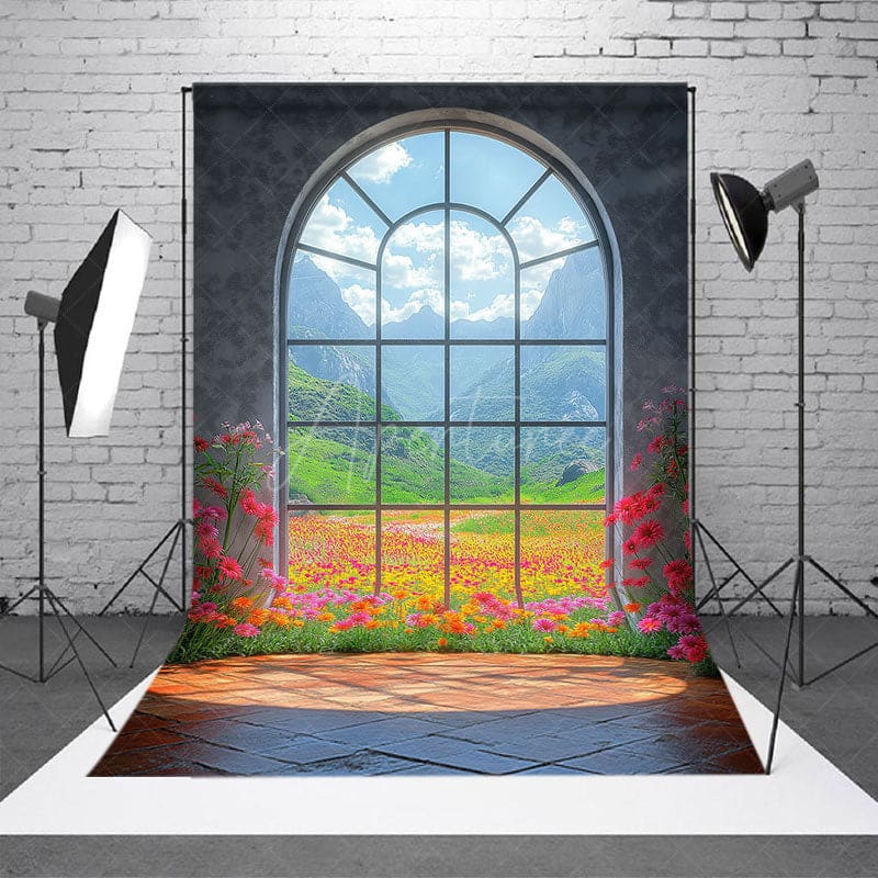 Aperturee - Aperturee Mountain Floral Scene Arched Windows Photo Backdrop