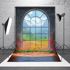 Aperturee - Aperturee Mountain Floral Scene Arched Windows Photo Backdrop