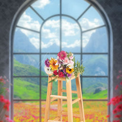 Aperturee - Aperturee Mountain Floral Scene Arched Windows Photo Backdrop