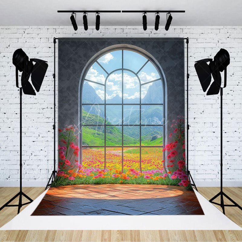 Aperturee - Aperturee Mountain Floral Scene Arched Windows Photo Backdrop