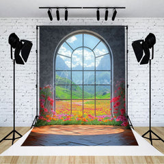 Aperturee - Aperturee Mountain Floral Scene Arched Windows Photo Backdrop