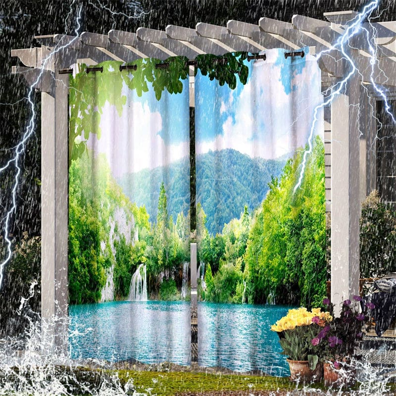 Aperturee - Aperturee Mountain Lake Waterproof Printed Outdoor Curtains For Gazebo