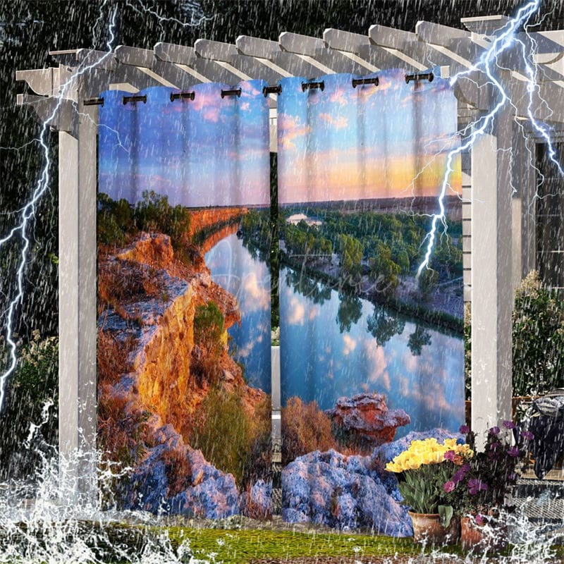 Aperturee - Aperturee Mountains Rivers Waterproof Printed Outdoor Curtains For Gazebo