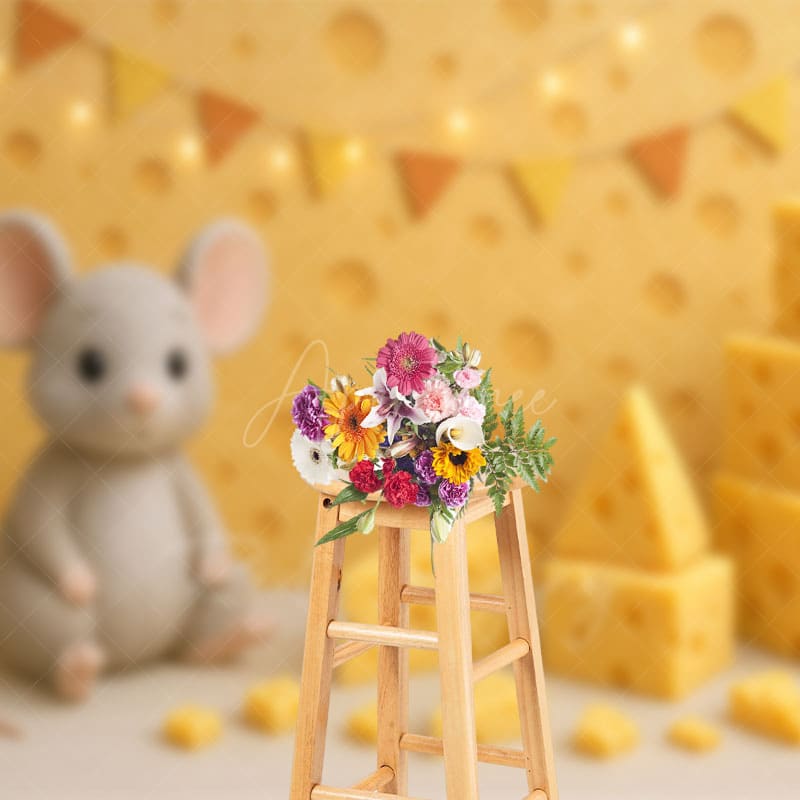 Aperturee - Aperturee Mouse Cheese Cartoon Flag Light Cake Smash Backdrop