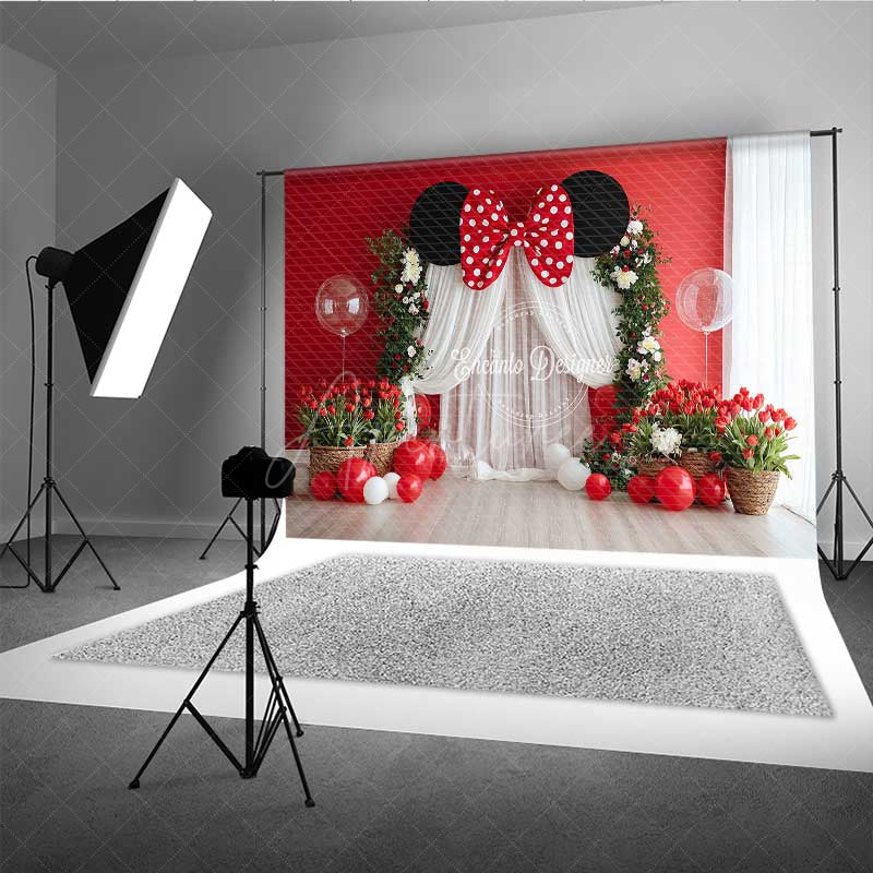 Aperturee - Aperturee Mouse Ear Inspired Cake Smash Backdrop Red and White Polka Dot Bow Floral Arch with Balloons Photo Prop