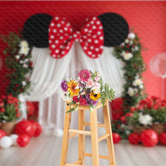 Aperturee - Aperturee Mouse Ear Inspired Cake Smash Backdrop Red and White Polka Dot Bow Floral Arch with Balloons Photo Prop