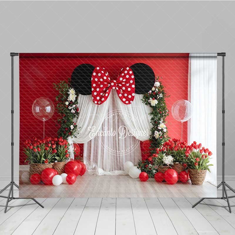 Aperturee - Aperturee Mouse Ear Inspired Cake Smash Backdrop Red and White Polka Dot Bow Floral Arch with Balloons Photo Prop