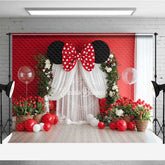 Aperturee - Aperturee Mouse Ear Inspired Cake Smash Backdrop Red and White Polka Dot Bow Floral Arch with Balloons Photo Prop