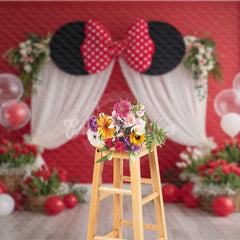 Aperturee - Aperturee Mouse Ears with Red Polka Dot Bow Photography Backdrop Birthday Party or Cake Smash Cartoon Theme Decor
