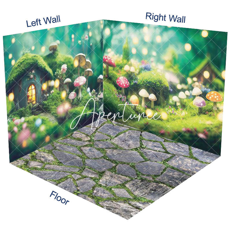 Aperturee - Aperturee Mushroom Bokeh Greenery Stone Floor Room Set Backdrop