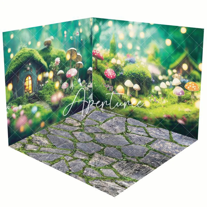 Aperturee - Aperturee Mushroom Bokeh Greenery Stone Floor Room Set Backdrop