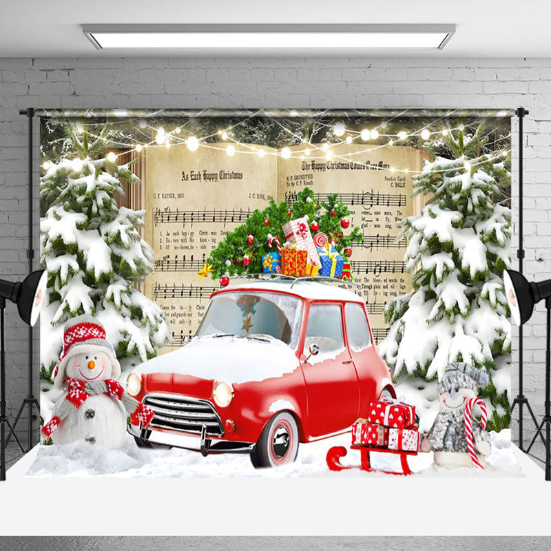 Aperturee - Aperturee Music Book Red Car Forest Winter Photo Backdrop