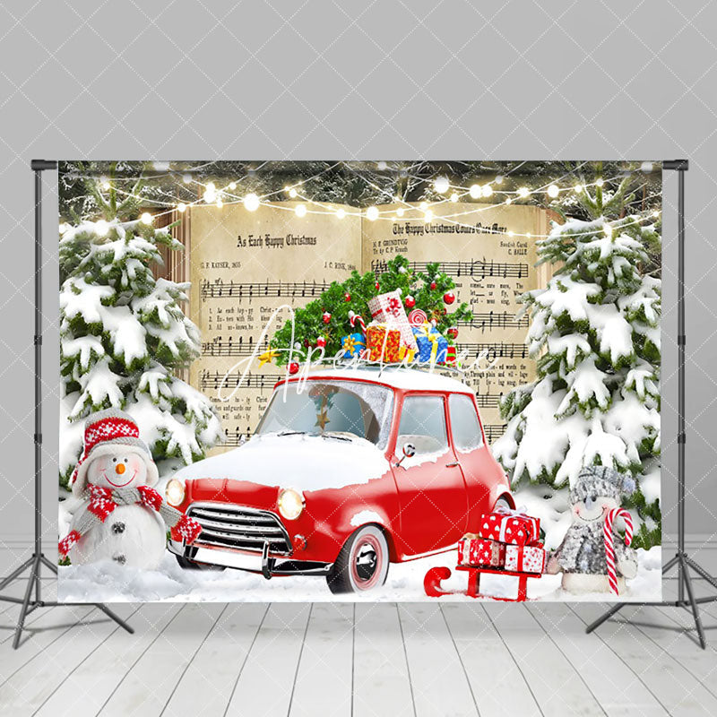 Aperturee - Aperturee Music Book Red Car Forest Winter Photo Backdrop