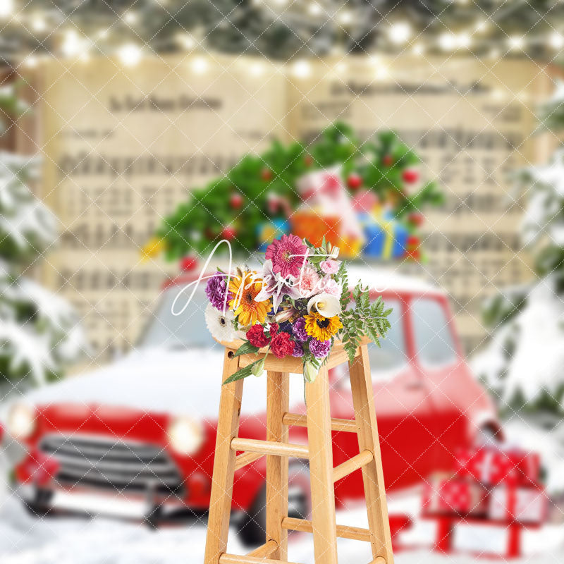 Aperturee - Aperturee Music Book Red Car Forest Winter Photo Backdrop