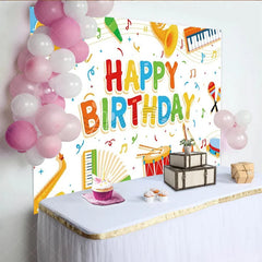 Aperturee - Aperturee Music Themed Happy Birthday Backdrop for Kids Colorful Instruments with Notes School Band Party Photo Prop Decor