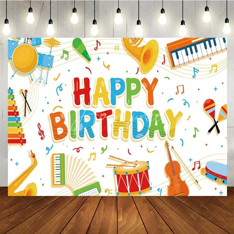 Aperturee - Aperturee Music Themed Happy Birthday Backdrop for Kids Colorful Instruments with Notes School Band Party Photo Prop Decor
