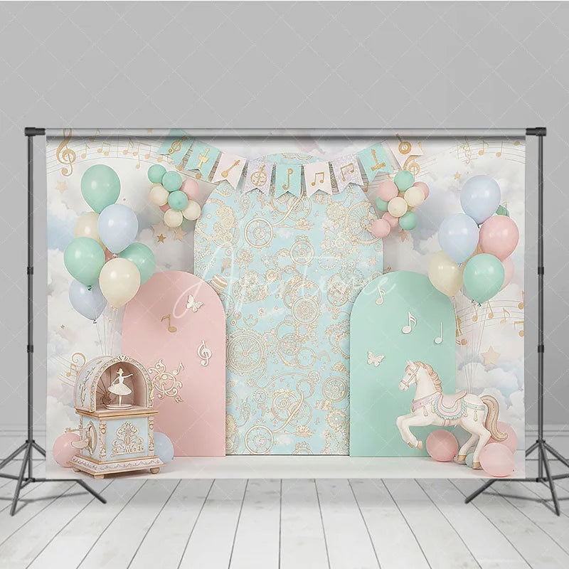 Aperturee - Aperturee Musical Carousel and Pastel Clouds Backdrop Music Notes and Horse Decor for Girl Birthday Party