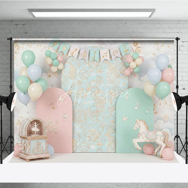 Aperturee - Aperturee Musical Carousel and Pastel Clouds Backdrop Music Notes and Horse Decor for Girl Birthday Party