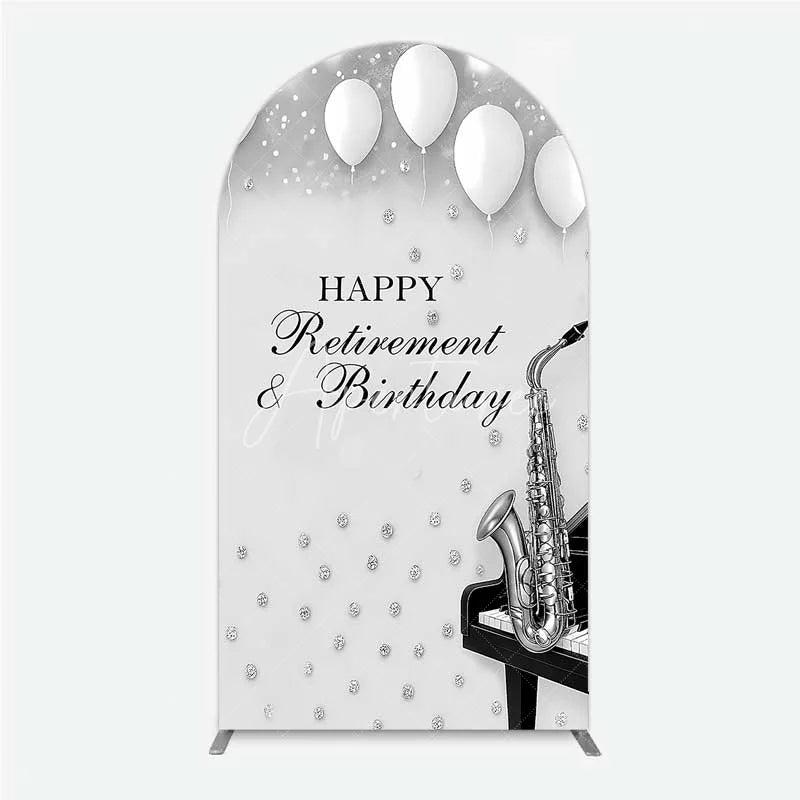 Aperturee - Aperturee Musical Retirement and Birthday Arch Backdrop Silver Saxophone and Piano Party Decoration