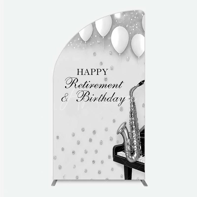 Aperturee - Aperturee Musical Retirement and Birthday Half Moon Arch Backdrop Silver Saxophone and Piano Party Decoration