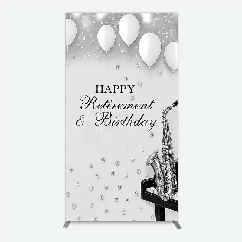 Aperturee - Aperturee Musical Retirement and Birthday Rectangle Backdrop Silver Saxophone and Piano Party Decoration