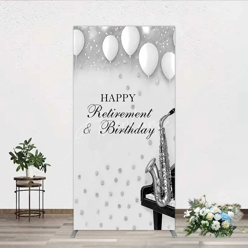 Aperturee - Aperturee Musical Retirement and Birthday Rectangle Backdrop Silver Saxophone and Piano Party Decoration