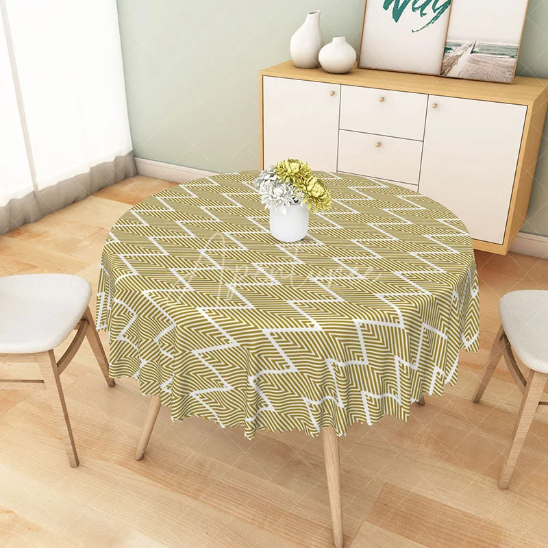 Aperturee - Aperturee Mustard Yellow Geometric Chevron Round Tablecloth Modern Zigzag Line Table Cover for Kitchen Decor