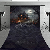 Aperturee - Aperturee Mysterious Haunted House and Full Moon Halloween Sweep Backdrop with Flying Bats Spooky Jack-o’-Lantern Night Decor.