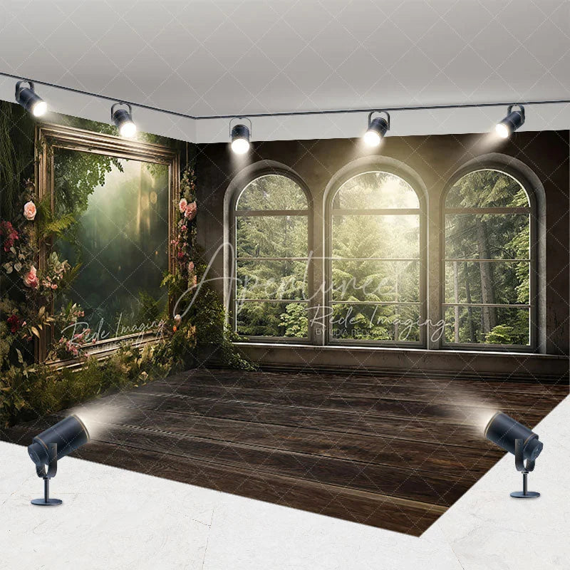 Aperturee - Aperturee Mysterious Misty Forest Window View Room Set Backdrop Gothic Arched Window Photography Background
