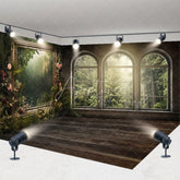 Aperturee - Aperturee Mysterious Misty Forest Window View Room Set Backdrop Gothic Arched Window Photography Background