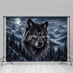 Aperturee - Aperturee Mystical Black Wolf and Full Moon Photography Backdrop with Snowy Mountains Dark Pine Forest Night Scene