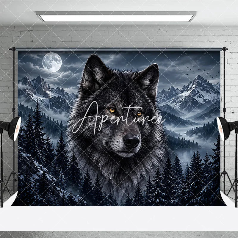 Aperturee - Aperturee Mystical Black Wolf and Full Moon Photography Backdrop with Snowy Mountains Dark Pine Forest Night Scene