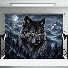Aperturee - Aperturee Mystical Black Wolf and Full Moon Photography Backdrop with Snowy Mountains Dark Pine Forest Night Scene