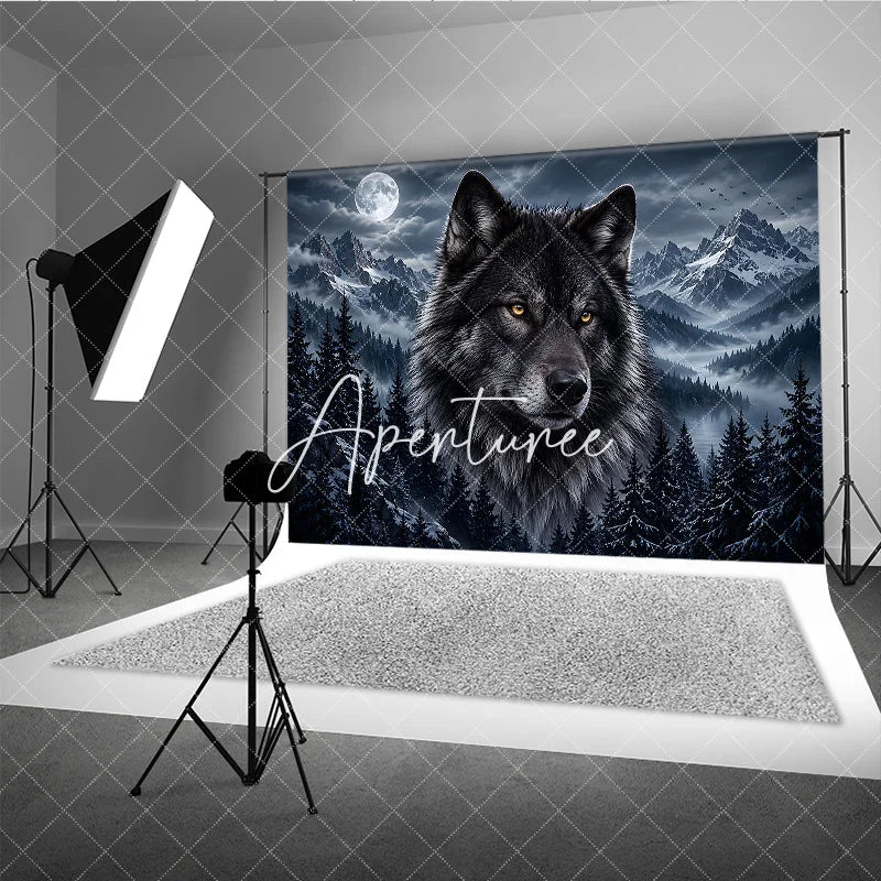 Aperturee - Aperturee Mystical Black Wolf and Full Moon Photography Backdrop with Snowy Mountains Dark Pine Forest Night Scene