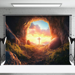 Aperturee - Aperturee Mystical Cave Entrance Sunset Glow Cross Backdrop