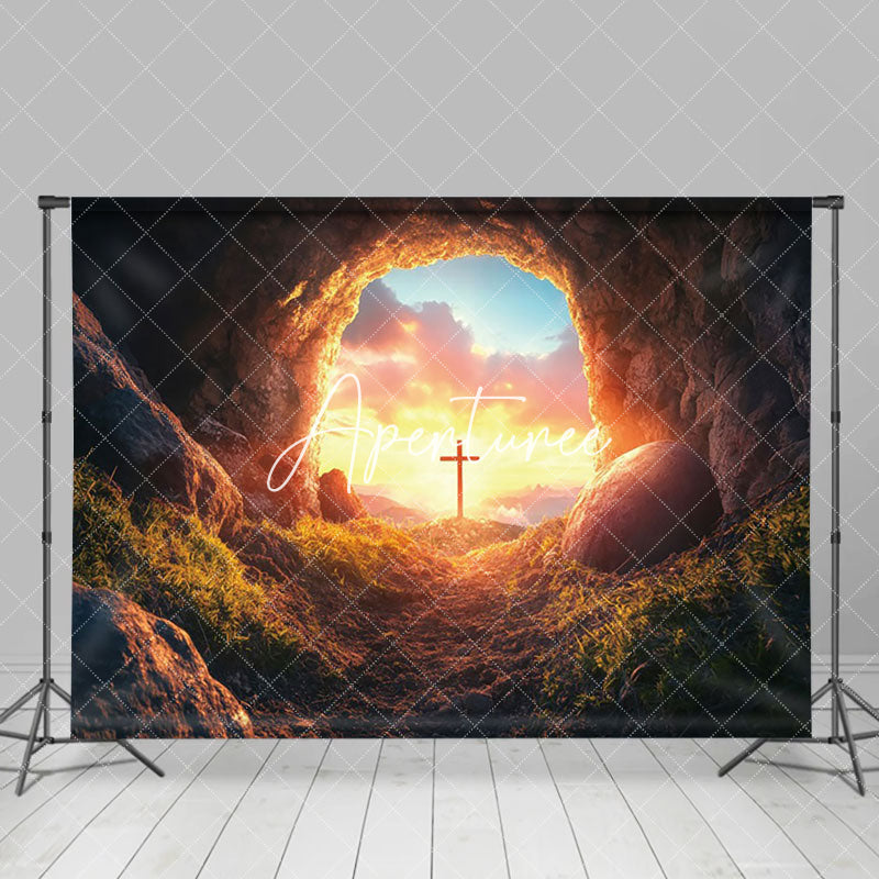 Aperturee - Aperturee Mystical Cave Entrance Sunset Glow Cross Backdrop