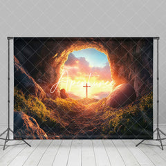 Aperturee - Aperturee Mystical Cave Entrance Sunset Glow Cross Backdrop