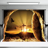 Aperturee - Aperturee Mystical Cave Entrance Wooden Cross Sunset Backdrop