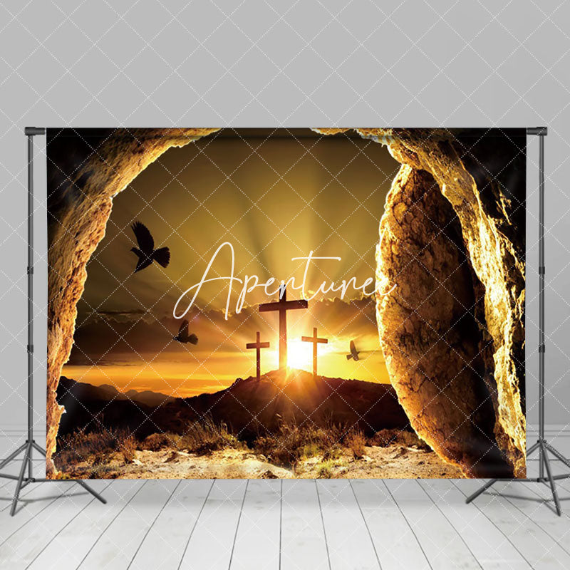 Aperturee - Aperturee Mystical Cave Entrance Wooden Cross Sunset Backdrop