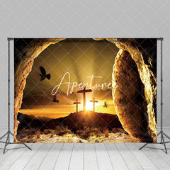 Aperturee - Aperturee Mystical Cave Entrance Wooden Cross Sunset Backdrop