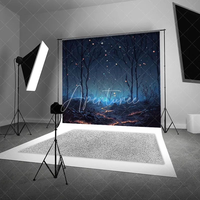 Aperturee - Aperturee Mystical Dark Forest Photography Backdrop Magical Glowing Path and Sparkling Starry Night Sky for Photo