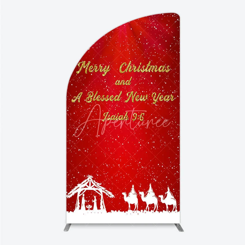Aperturee - Aperturee Nativity Scene Merry Christmas Half Moon Arch Backdrop Red Snowy Blessed New Year Party Cover