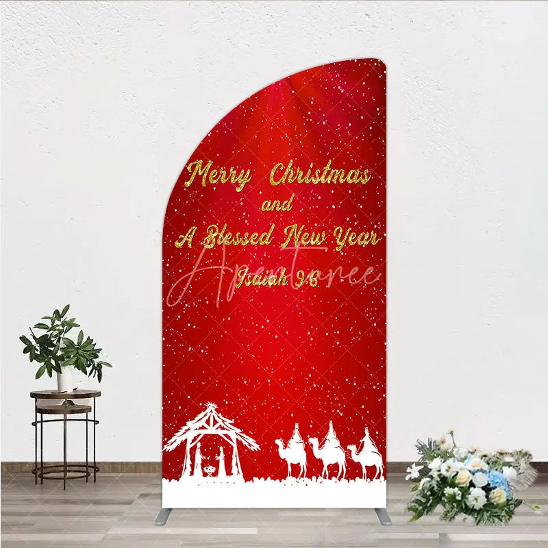 Aperturee - Aperturee Nativity Scene Merry Christmas Half Moon Arch Backdrop Red Snowy Blessed New Year Party Cover