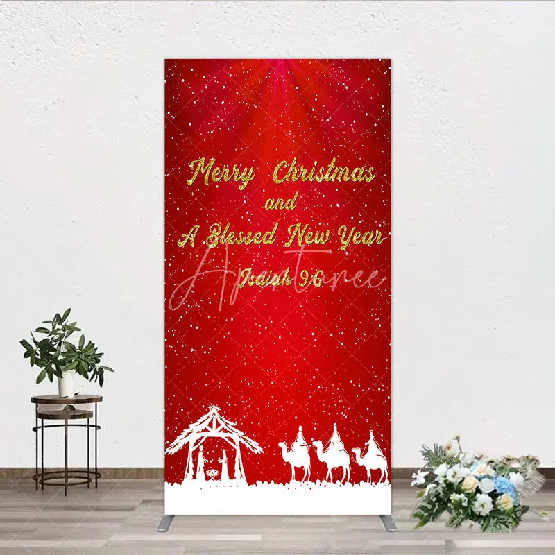 Aperturee - Aperturee Nativity Scene Merry Christmas Rectangle Backdrop Red Snowy Blessed New Year Party Cover