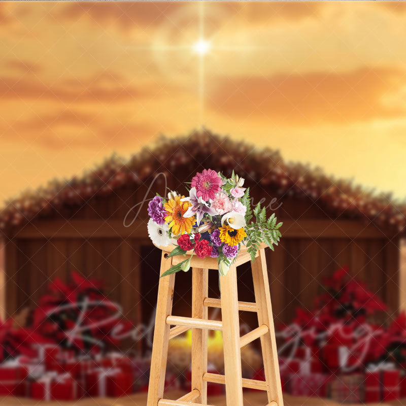 Aperturee - Aperturee Nativity Scene Photography Backdrop with Manger and Star of Bethlehem Religious Christian Christmas Decor