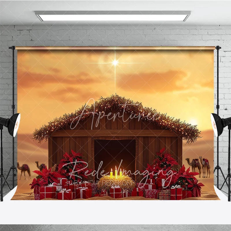 Aperturee - Aperturee Nativity Scene Photography Backdrop with Manger and Star of Bethlehem Religious Christian Christmas Decor