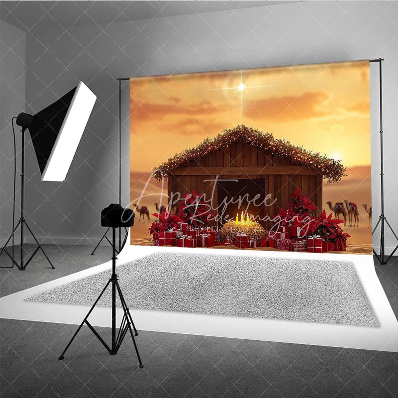 Aperturee - Aperturee Nativity Scene Photography Backdrop with Manger and Star of Bethlehem Religious Christian Christmas Decor
