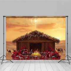 Aperturee - Aperturee Nativity Scene Photography Backdrop with Manger and Star of Bethlehem Religious Christian Christmas Decor